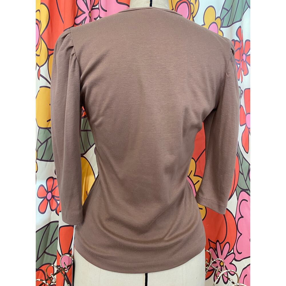 vintage 1970s puff sleeve applique top brown 70s t-shirt small gathered shoulder - Picture 7 of 8
